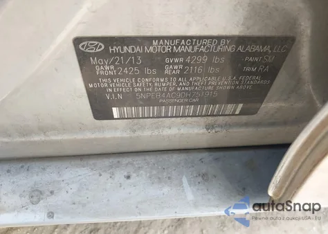 2013 Hyundai Sonata Gls z USA, uszkodzony, nr VIN 5NPEB4AC9DH751915